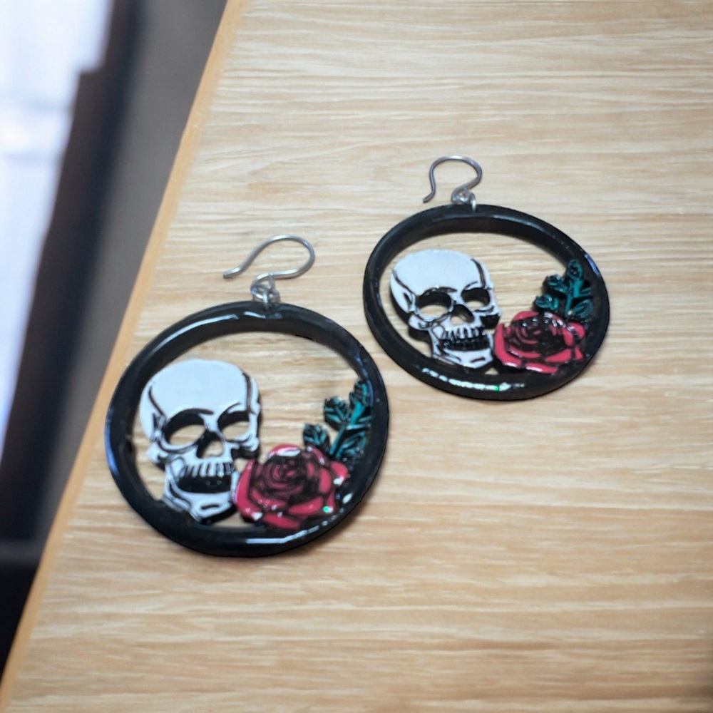 Handcrafted Wooden Skull with Rose Earrings